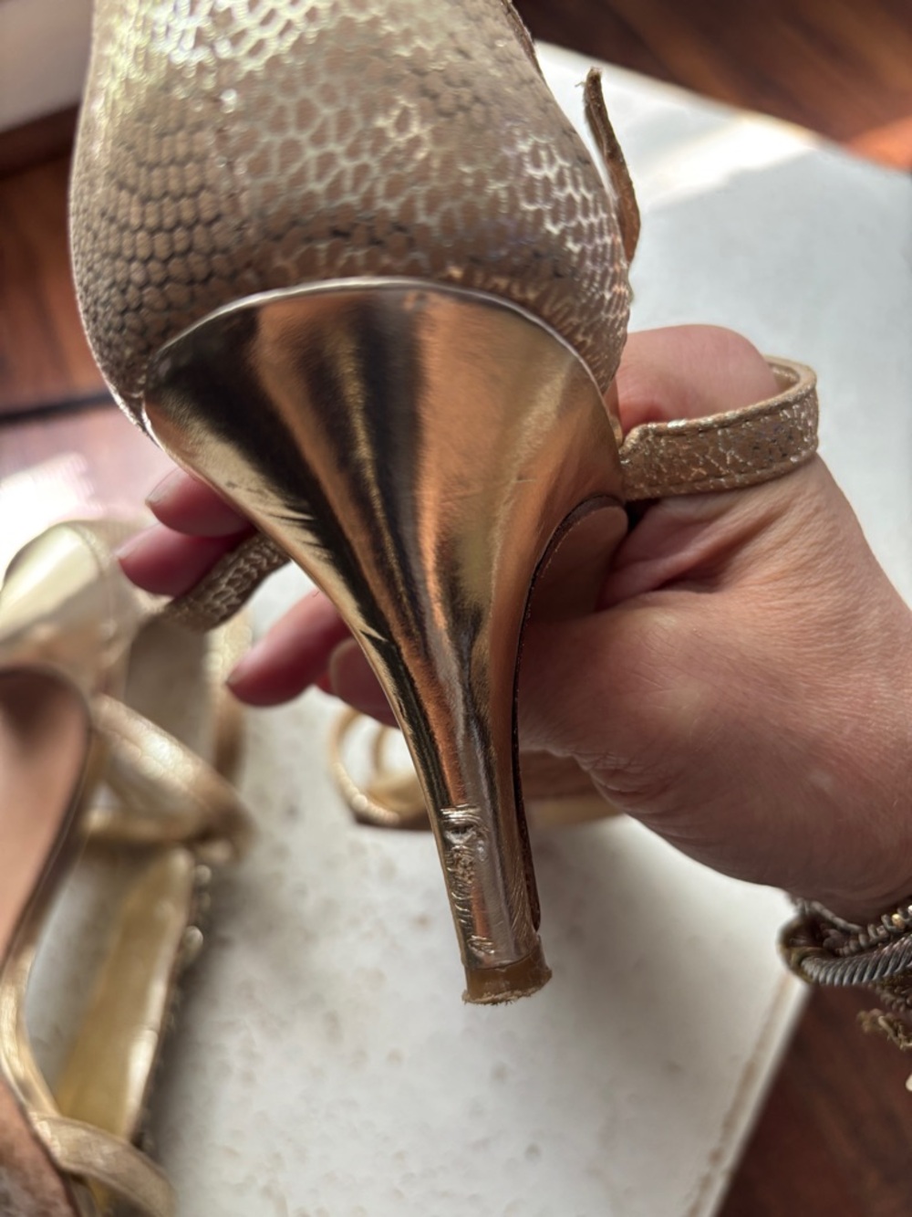 Antonio Melani Gold Embellished Heels Size 9 | Rhinestone T-Strap Glam Sandals - Picture 6 of 7
